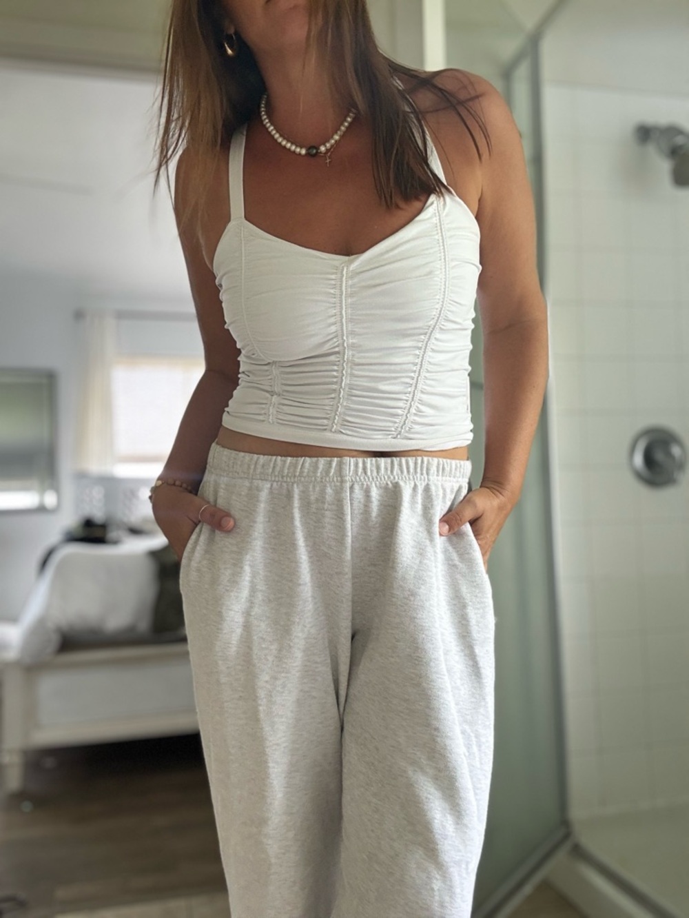 White Ruched Cropped Tank Top| free people| large